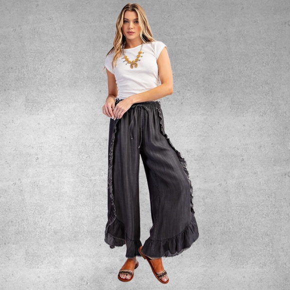 EASEL Raw Ruffle Trim Lightweight Pants Elastic & Drawstring Waist & Scooped Hem - Picture 6 of 16